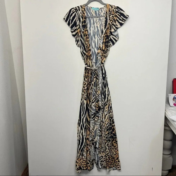 Melissa Odabash Brianna Wrap Dress Cover Up Leopard Maxi Animal Print Ruffle XS - Picture 5 of 10